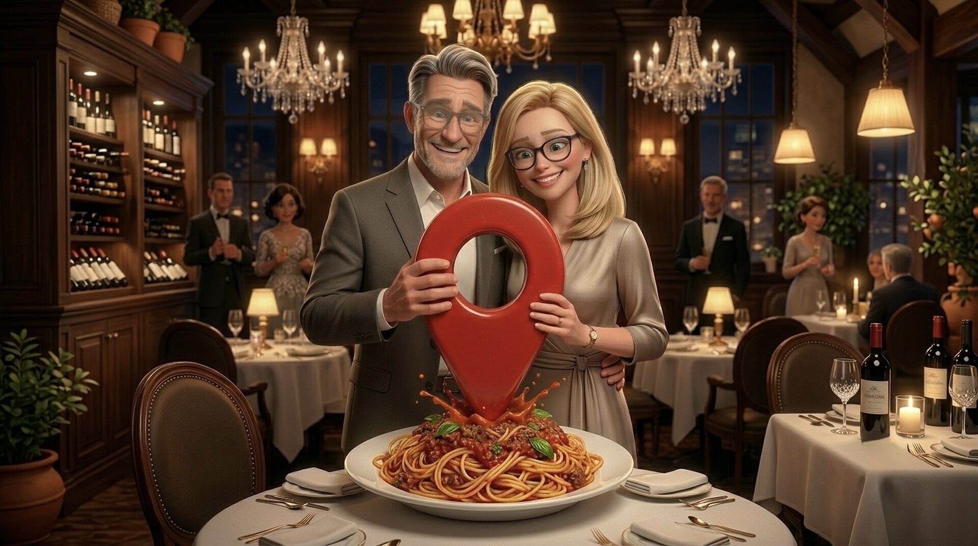 Winowajcy — czerwona pinezka lokalizacji nad talerzem spaghetti, sala z winem